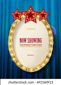 Red vintage frame with three stars. Realistic 3D oval with a neon light. Retro shape with black space for your text, messages, events, advertising. Light incident on the wall. Vector illustration