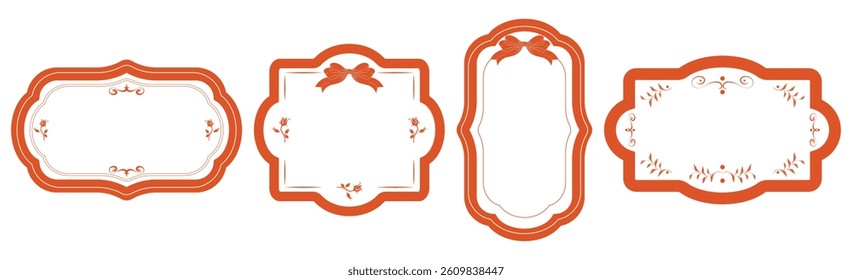 Red vintage frames decorated with floral ornaments and bows. Vector illustration for wedding invitations, celebrations, anniversaries, holidays. Isolated.