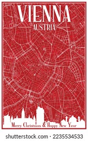 Red vintage hand-drawn Christmas postcard of the downtown VIENNA, AUSTRIA with highlighted city skyline and lettering