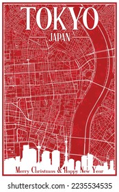 Red vintage hand-drawn Christmas postcard of the downtown TOKYO, JAPAN with highlighted city skyline and lettering