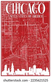 Red vintage hand-drawn Christmas postcard of the downtown CHICAGO, UNITED STATES OF AMERICA with highlighted city skyline and lettering