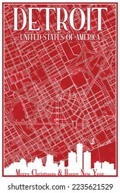 Red vintage hand-drawn Christmas postcard of the downtown DETROIT, UNITED STATES OF AMERICA with highlighted city skyline and lettering