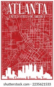 Red vintage hand-drawn Christmas postcard of the downtown ATLANTA, UNITED STATES OF AMERICA with highlighted city skyline and lettering
