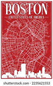 Red vintage hand-drawn Christmas postcard of the downtown BOSTON, UNITED STATES OF AMERICA with highlighted city skyline and lettering