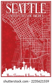 Red vintage hand-drawn Christmas postcard of the downtown SEATTLE, UNITED STATES OF AMERICA with highlighted city skyline and lettering
