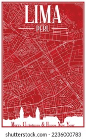 Red vintage hand-drawn Christmas postcard of the downtown LIMA, PERU with highlighted city skyline and lettering