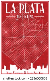 Red vintage hand-drawn Christmas postcard of the downtown LA PLATA, ARGENTINA with highlighted city skyline and lettering