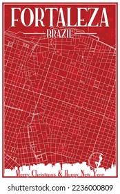 Red vintage hand-drawn Christmas postcard of the downtown FORTALEZA, BRAZIL with highlighted city skyline and lettering
