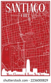 Red vintage hand-drawn Christmas postcard of the downtown  SANTIAGO, CHILE with highlighted city skyline and lettering