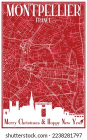 Red vintage hand-drawn Christmas postcard of the downtown MONTPELLIER, FRANCE with highlighted city skyline and lettering