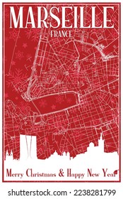 Red vintage hand-drawn Christmas postcard of the downtown MARSEILLE, FRANCE with highlighted city skyline and lettering