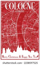 Red vintage hand-drawn Christmas postcard of the downtown COLOGNE, GERMANY with highlighted city skyline and lettering