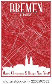 Red vintage hand-drawn Christmas postcard of the downtown BREMEN, GERMANY with highlighted city skyline and lettering
