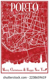 Red vintage hand-drawn Christmas postcard of the downtown PORTO, PORTUGAL with highlighted city skyline and lettering