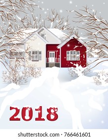 Red Vintage house Winter snowy background Vector illustration. 2018 text card