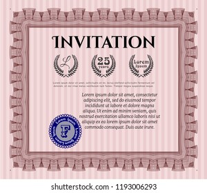 Red Vintage invitation. With complex linear background. Detailed. Cordial design. 