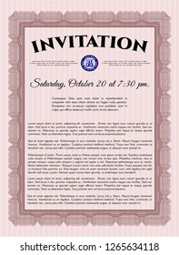 Red Vintage invitation. Customizable, Easy to edit and change colors. With complex linear background. Money Pattern design. 