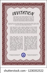 Red Vintage invitation. Nice design. Vector illustration. With complex linear background. 