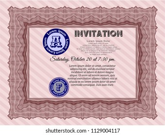 Red Vintage invitation template. With background. Detailed. Money Pattern. 