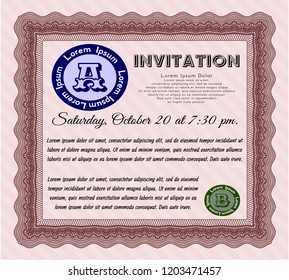 Red Vintage invitation template. With complex linear background. Vector illustration. Lovely design. 