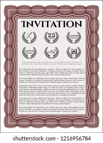 Red Vintage invitation template. With complex linear background. Vector illustration. Cordial design. 