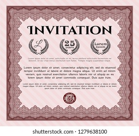 Red Vintage invitation template. With complex linear background. Lovely design. Vector illustration. 