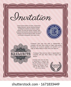 Plantilla de invitación Red Vintage. Con fondo lineal complejo. Diseño de patrón de dinero. Detallado. 