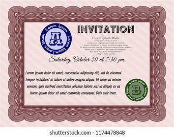Red Vintage invitation template. Customizable, Easy to edit and change colors. With guilloche pattern and background. Sophisticated design. 
