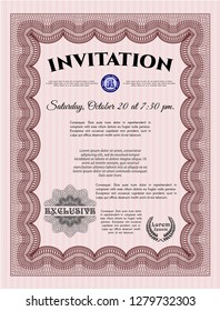 Red Vintage invitation template. Detailed. With guilloche pattern and background. Good design. 