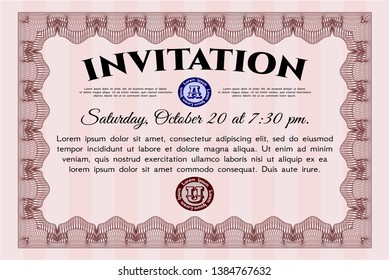Red Vintage invitation template. Good design. With guilloche pattern and background. Customizable, Easy to edit and change colors. 