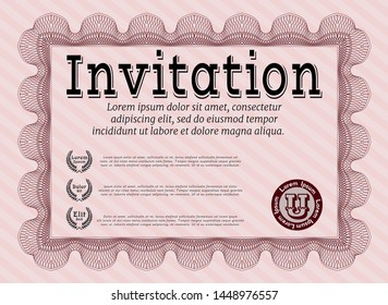 Red Vintage invitation template. With great quality guilloche pattern. Detailed. Money Pattern design. 