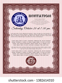 Red Vintage invitation template. With linear background. Detailed. Money style design. 
