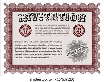 Red Vintage invitation template. Retro design. Vector illustration. With guilloche pattern and background. 