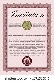 Red Vintage invitation template. Vector illustration. With background. Money Pattern. 
