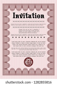Red Vintage invitation template. Vector illustration. With complex linear background. Nice design. 