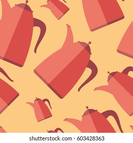 Red vintage kettle flat icon seamless pattern.