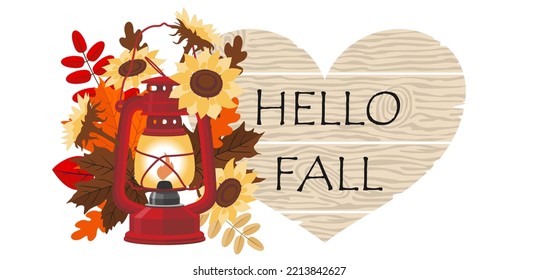 Red vintage lantern with a bouquet of autumn leaves and sunflowers on the background of a wooden HELLO FALL sign. Wooden heart-shaped signboard with greeting HELLO FALL. Illustrated vector element.