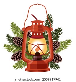 A red vintage lantern decorated with fir branches and cones. An oil lamp with a hanging handle and a decoration made of pine branches. Illustrated vector clipart.