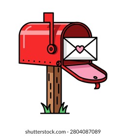 Red vintage mailbox containing a romantic love letter envelope with st valentine