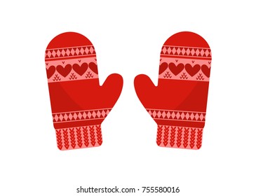 Red vintage mittens on white background. Vector illustration.