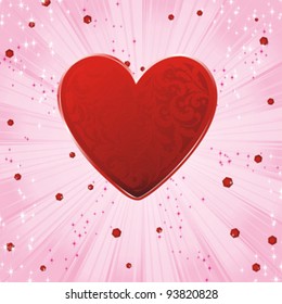 red vintage pattern heart with gems on pink strip background