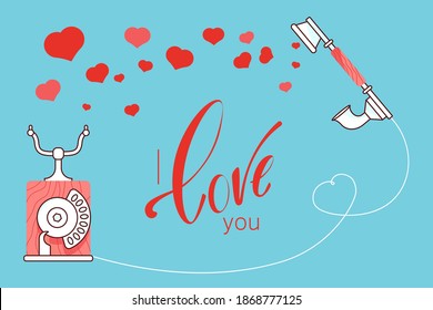 Red vintage phone with hearts and love quote on blue background illustration. Happy Valentines day greeting vector card