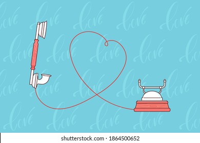 Red vintage phone with wire heart on blue love background abstract illustration. Happy Valentines day greeting vector card