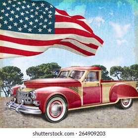 Red Vintage Pick Up Truck With American Flag.