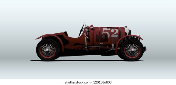 Red vintage racing car in vector. Shown in side view with perspective.