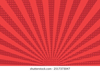 Red vintage radial sunburst vector background banner. Carnival circus style. Halftone Comic stripe background. Grunge Sunburst pattern. Beams line. Old poster. Sun beam vector illustration.