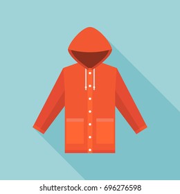 red vintage raincoat icon in flat design with long shadow