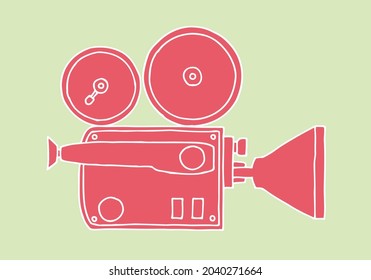 Red vintage retro movie camera on green background. Doodle. Hand Drawn. 