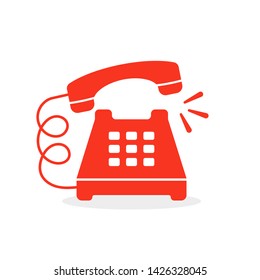 Red Vintage Ringing Phone Icon. Concept Of Easy 24/7 Customer Support Or Client Help Desk And Hotline Service. Flat Simple Trendy Modern Hot Line Logotype Graphic Design Isolated On White Background