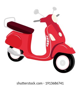 Red vintage scooter on white background isolated, vector illustration, urban life, ride a motorbike in the city. Rent motorbike. Food and box delivery concept. Editable EPS 10.